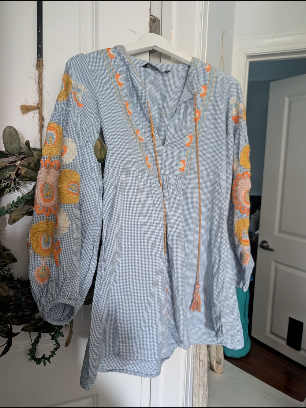 Gorgeous Zara Woman Y2K Light Blue Gingham Bohemian Tunic Dress Size xs